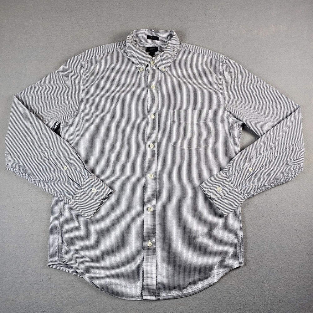 J. Crew Mens Seersucker Shirt Medium Slim Blue White Striped Button Down 45842